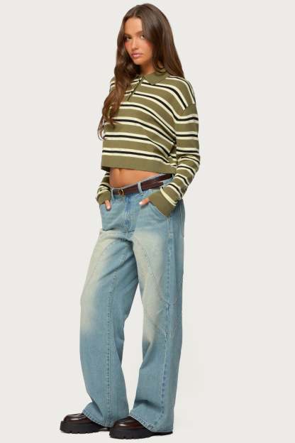 Shelby Striped Polo Sweater - OLIVE