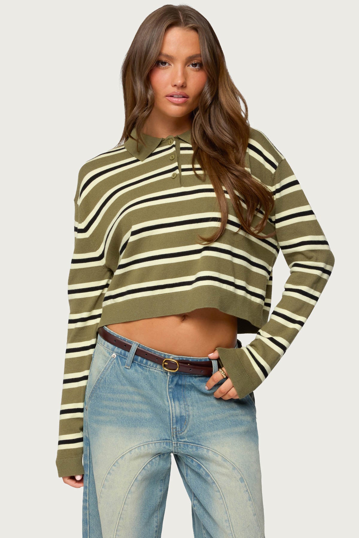 Shelby Striped Polo Sweater - OLIVE