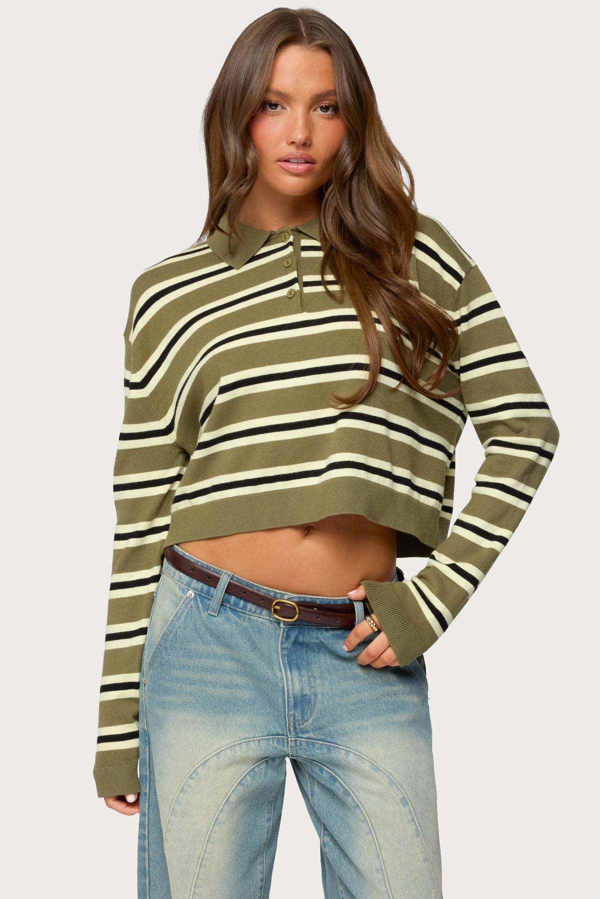 Shelby Striped Polo Sweater - OLIVE