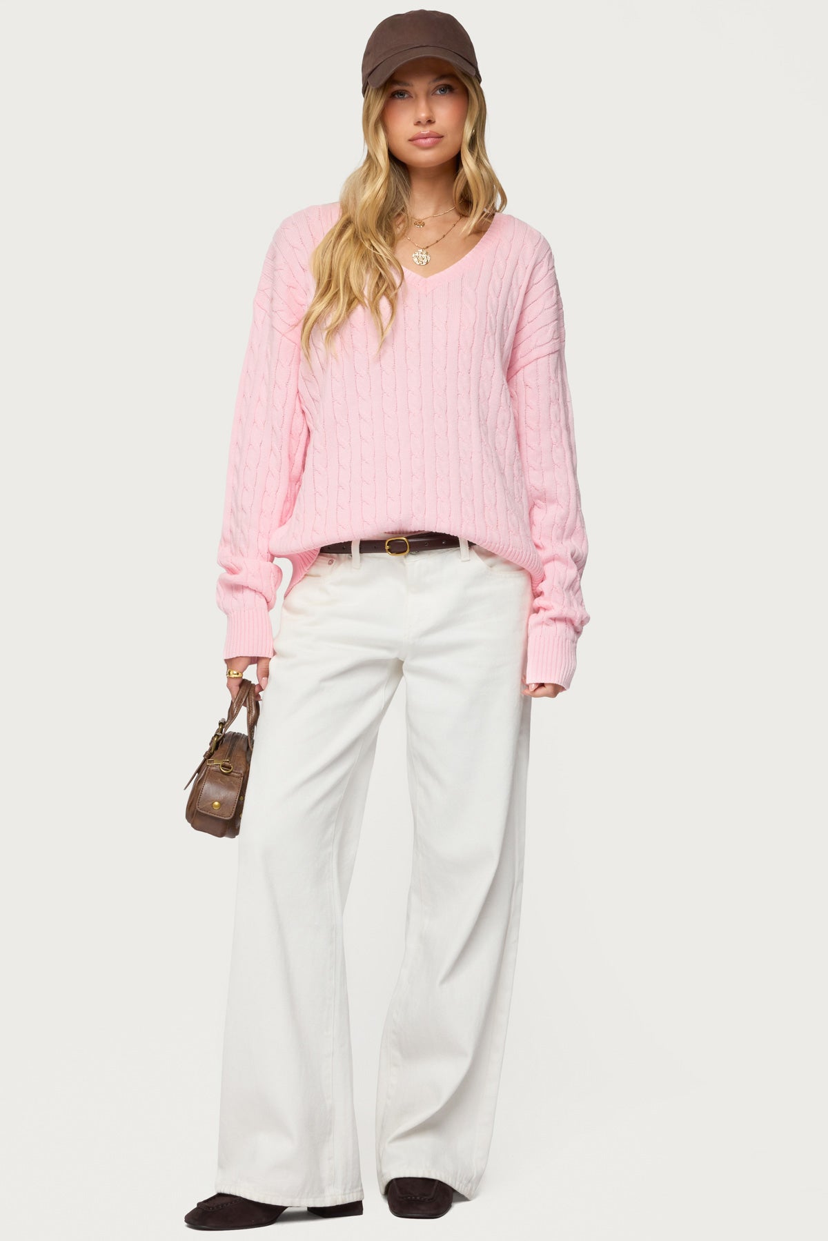 Polly V Neck Cable Knit Sweater - LIGHT-PINK