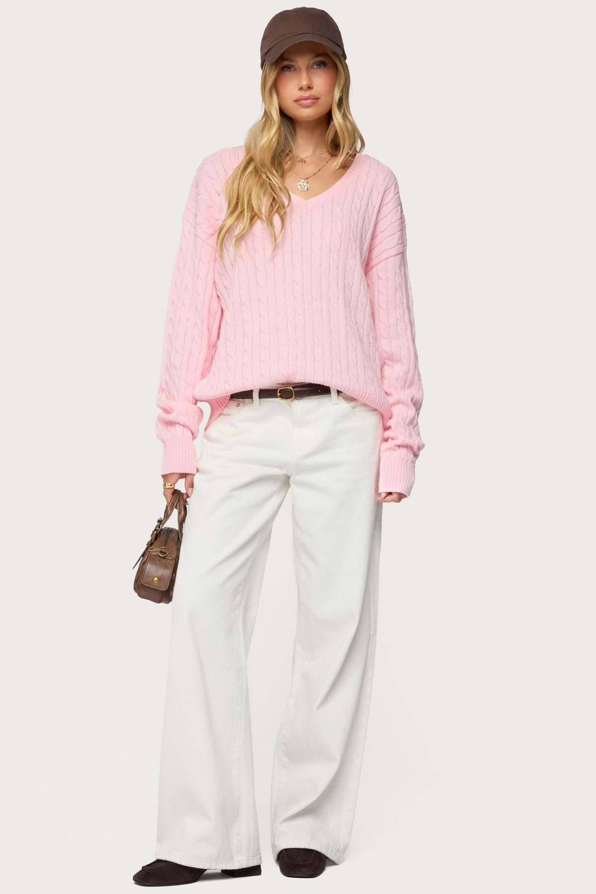 Polly V Neck Cable Knit Sweater - LIGHT-PINK