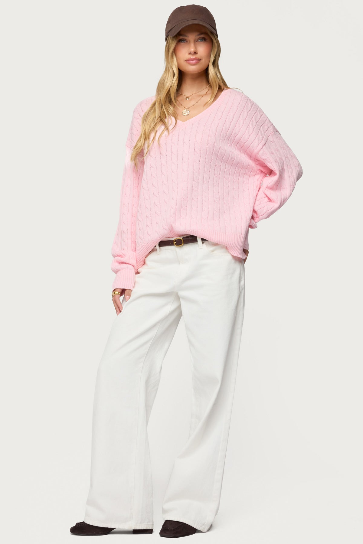 Polly V Neck Cable Knit Sweater - LIGHT-PINK
