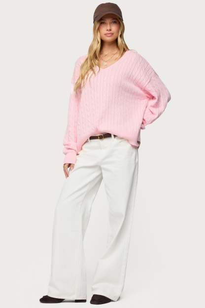 Polly V Neck Cable Knit Sweater - LIGHT-PINK