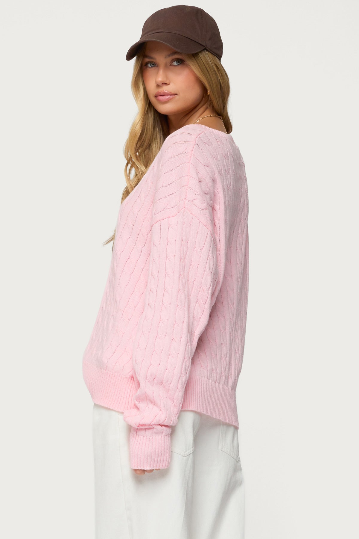 Polly V Neck Cable Knit Sweater - LIGHT-PINK