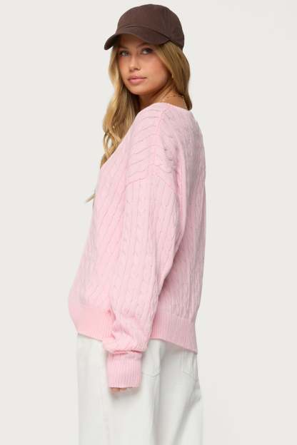 Polly V Neck Cable Knit Sweater - LIGHT-PINK