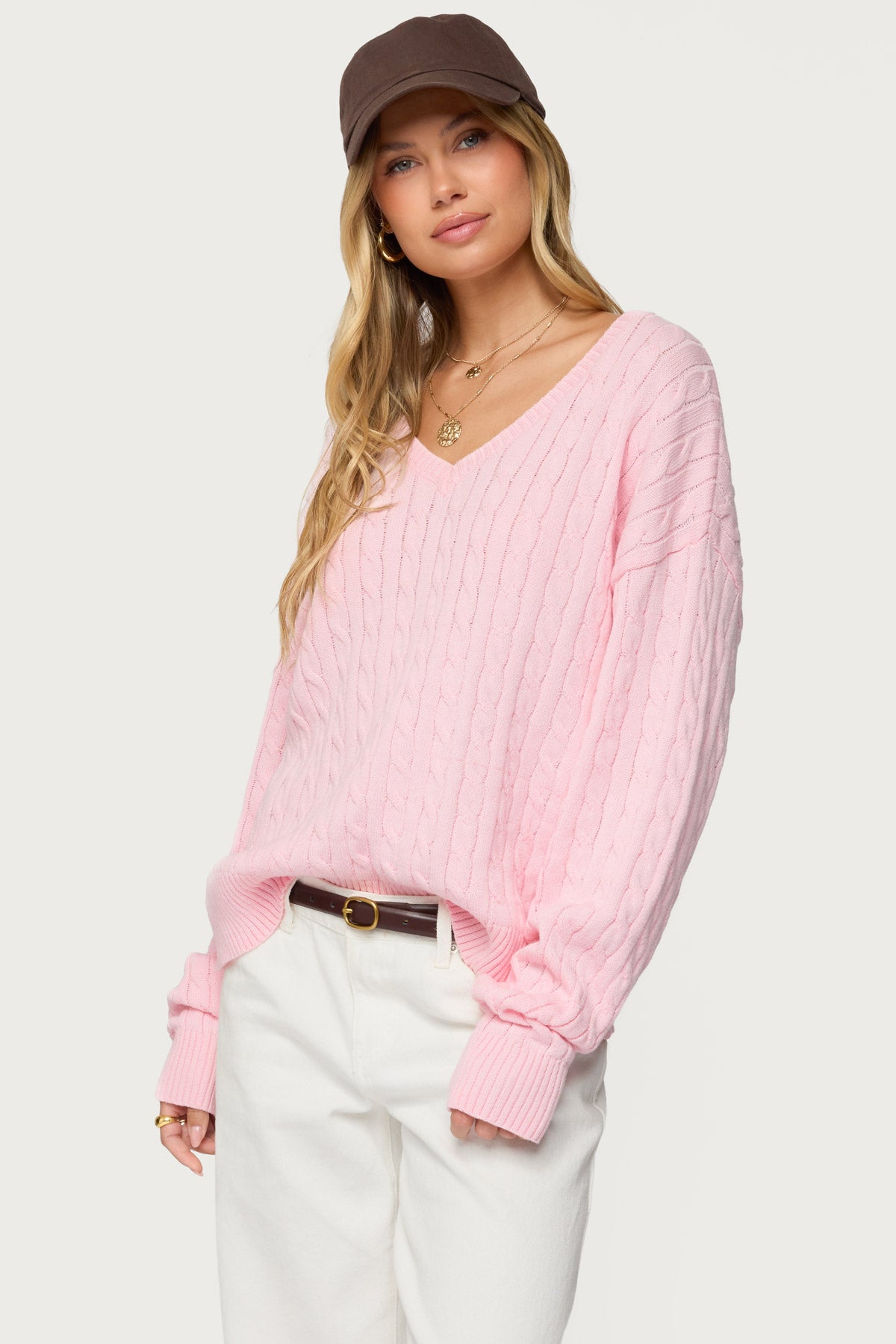 Polly V Neck Cable Knit Sweater - LIGHT-PINK