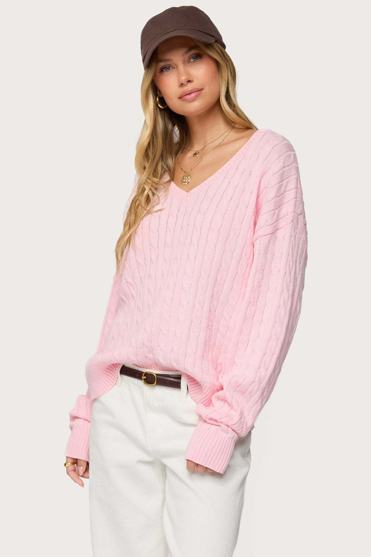 Polly V Neck Cable Knit Sweater - LIGHT-PINK