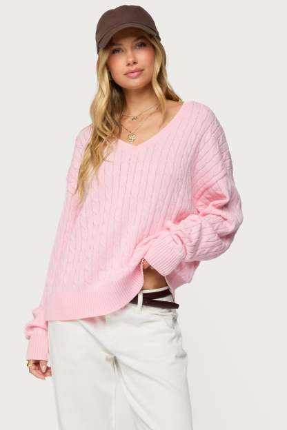 Polly V Neck Cable Knit Sweater - LIGHT-PINK