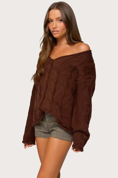 Inga Oversized Cable Knit Sweater - BROWN
