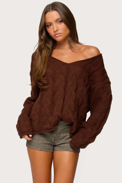 Inga Oversized Cable Knit Sweater - BROWN