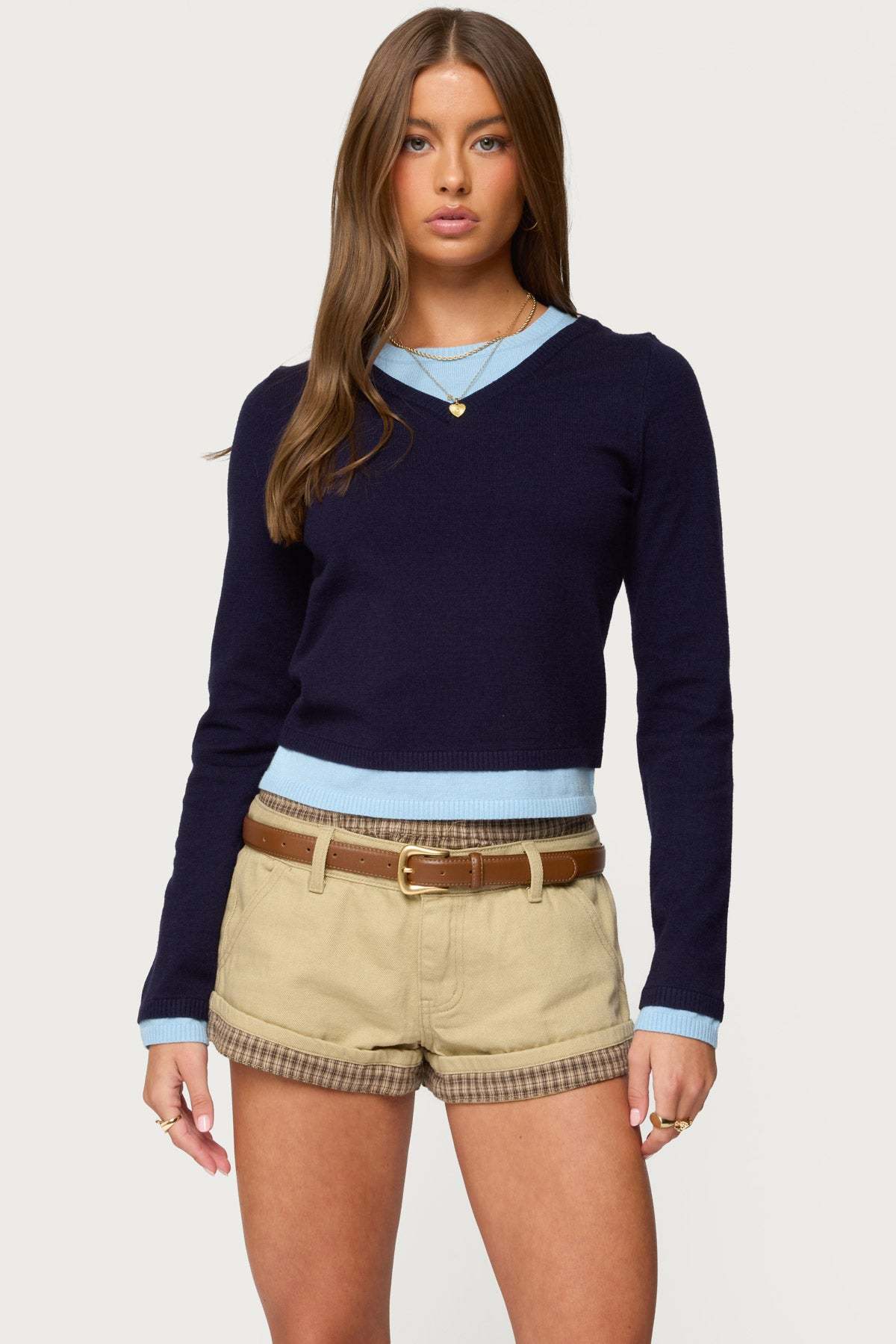 Marthie Layered Knit V Neck Top - NAVY