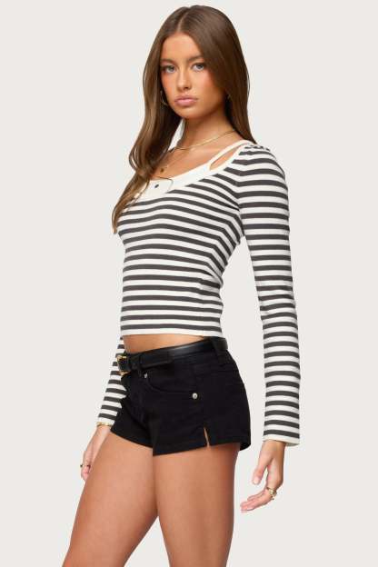 Cecile Layered Long Sleeve Top - GRAY-AND-WHITE