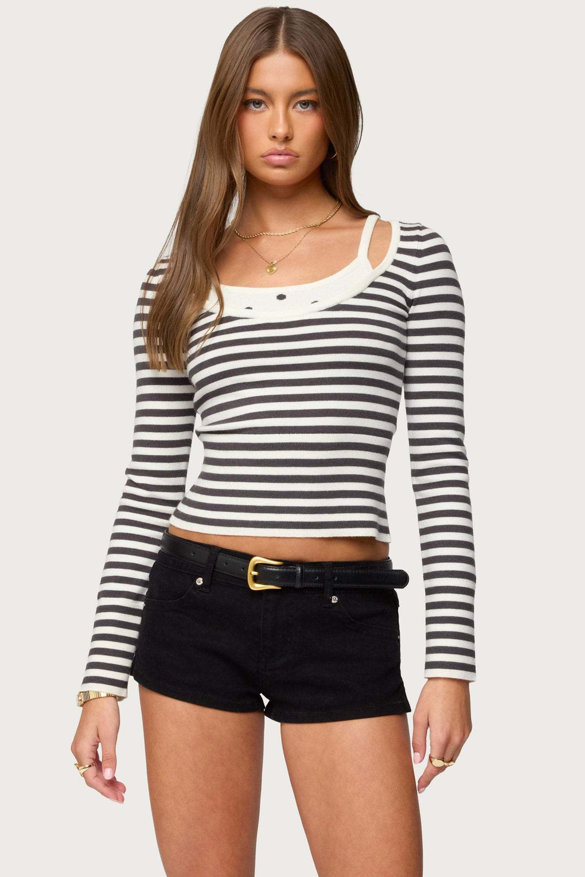 Cecile Layered Long Sleeve Top - GRAY-AND-WHITE