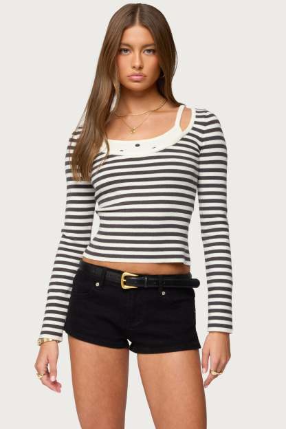 Cecile Layered Long Sleeve Top - GRAY-AND-WHITE