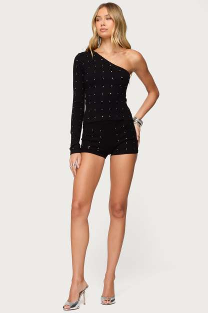 Harley Rhinestone One Shoulder Knit Top - BLACK