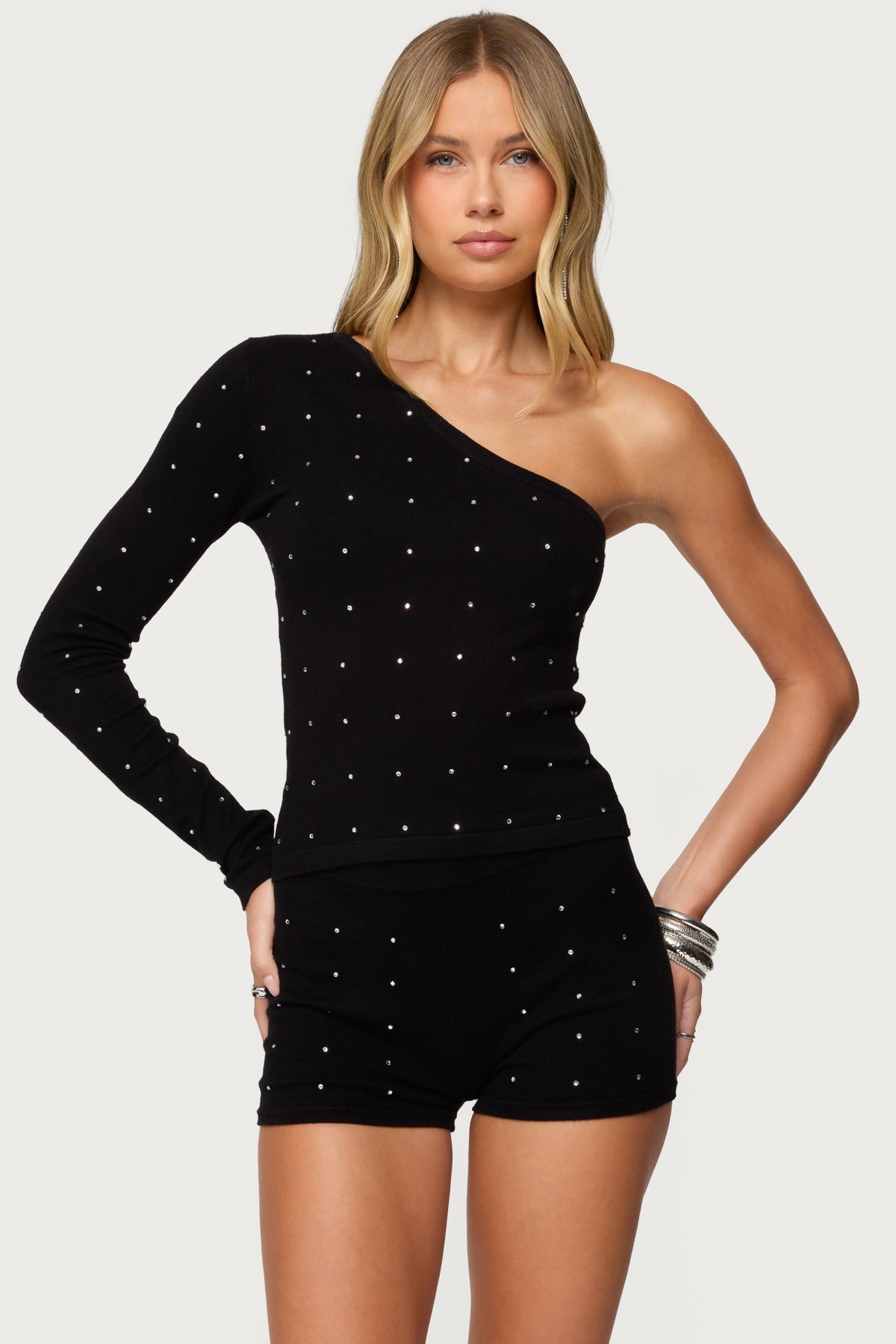 Harley Rhinestone One Shoulder Knit Top - BLACK
