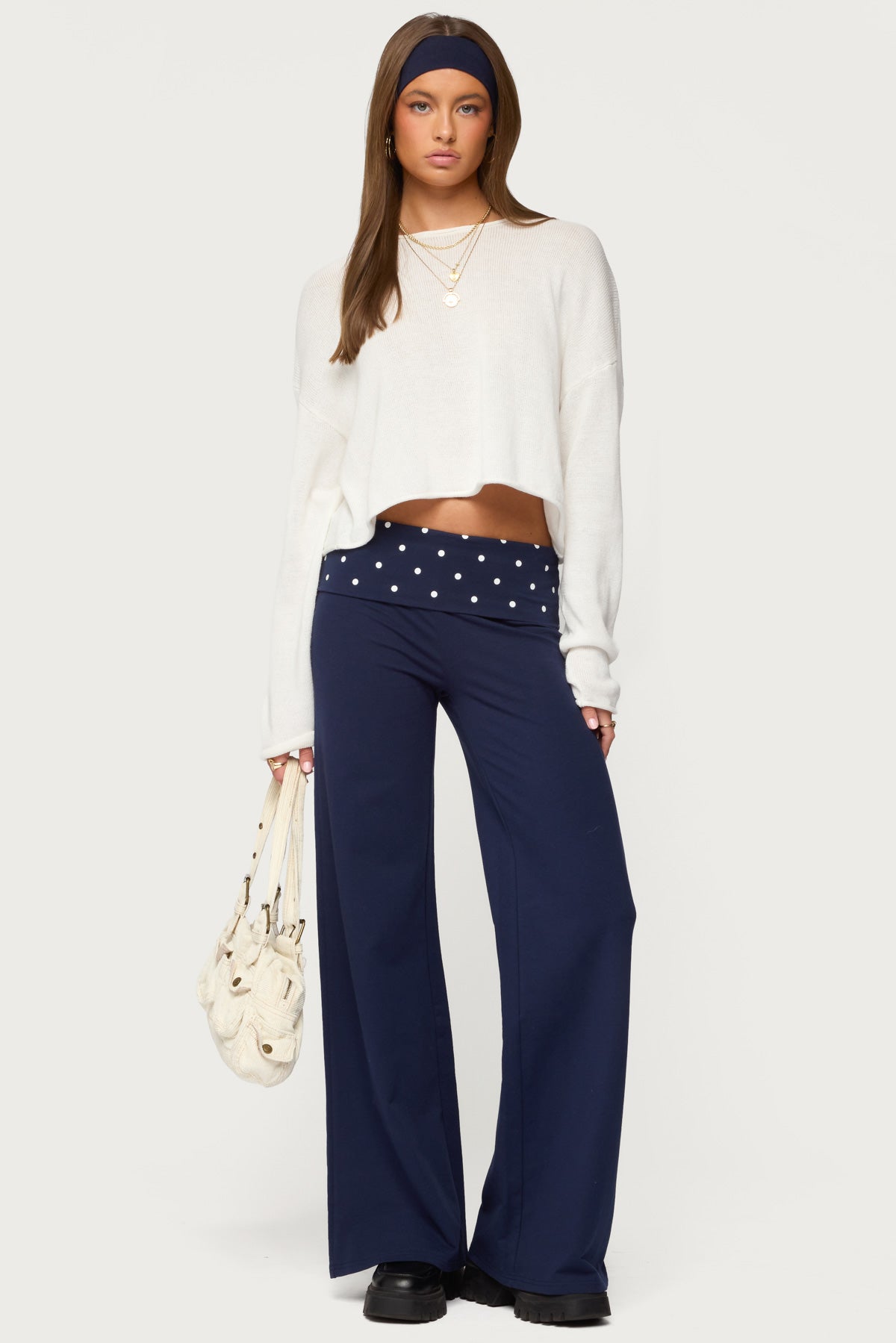 Reeva Polka Dot Foldover Pants - NAVY
