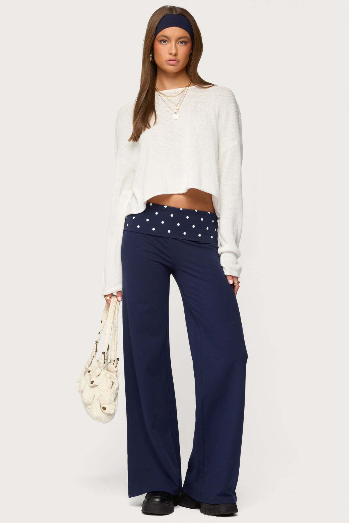 Reeva Polka Dot Foldover Pants - NAVY