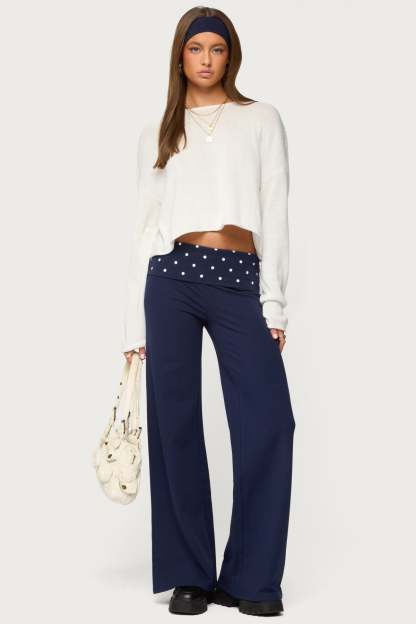 Reeva Polka Dot Foldover Pants - NAVY