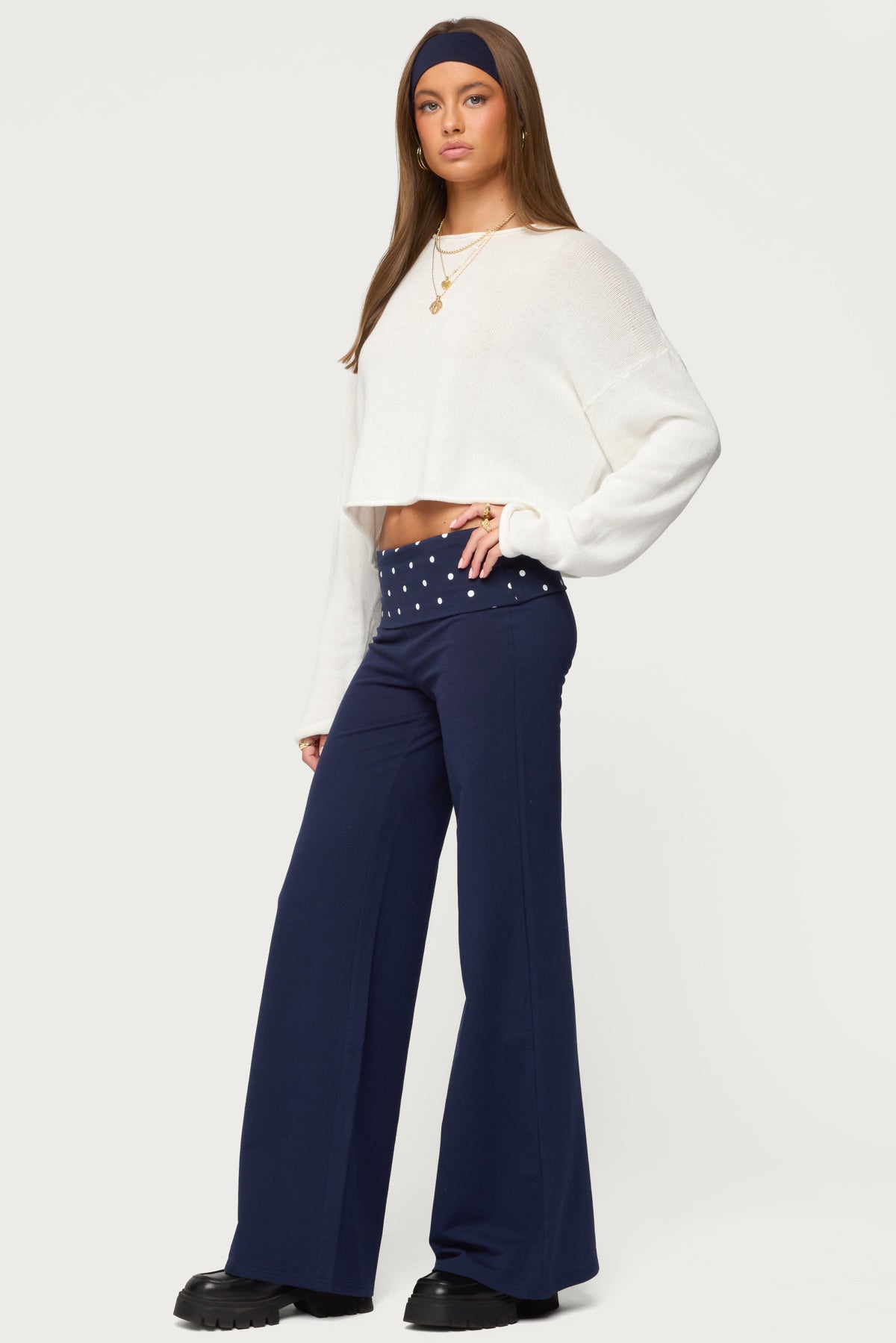 Reeva Polka Dot Foldover Pants - NAVY