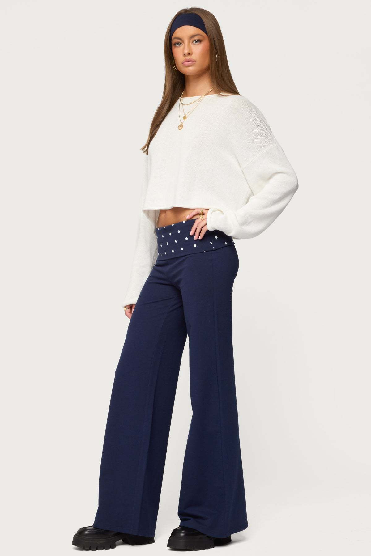 Reeva Polka Dot Foldover Pants - NAVY