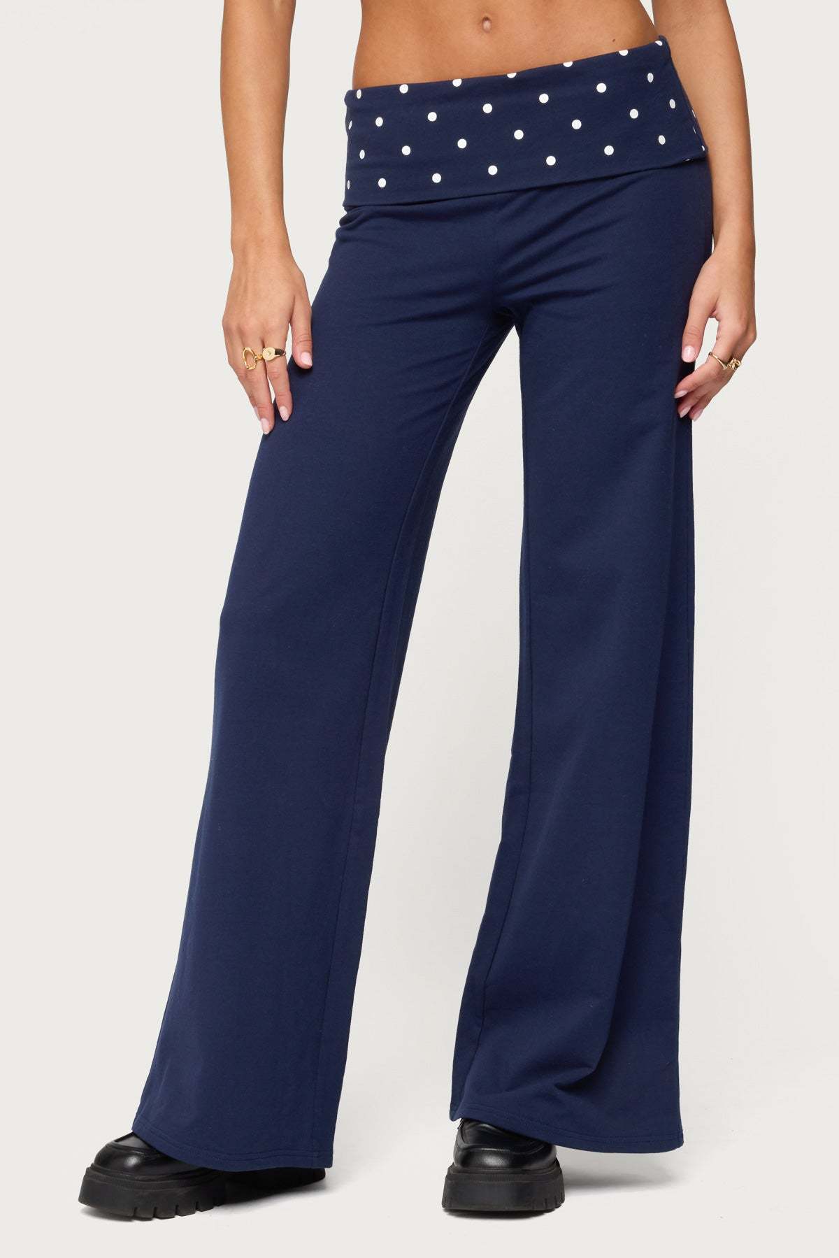 Reeva Polka Dot Foldover Pants - NAVY