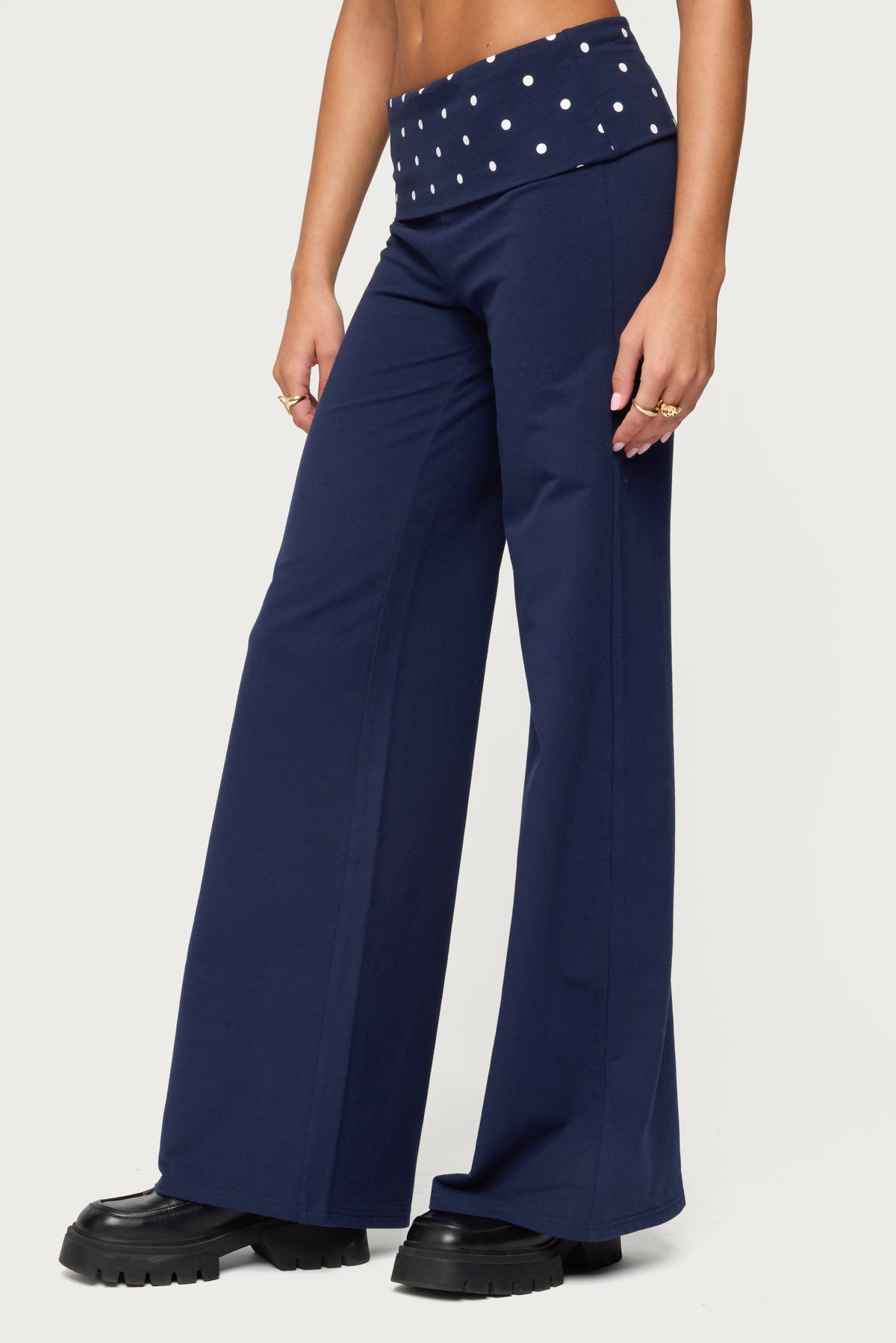 Reeva Polka Dot Foldover Pants - NAVY
