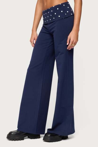 Reeva Polka Dot Foldover Pants - NAVY