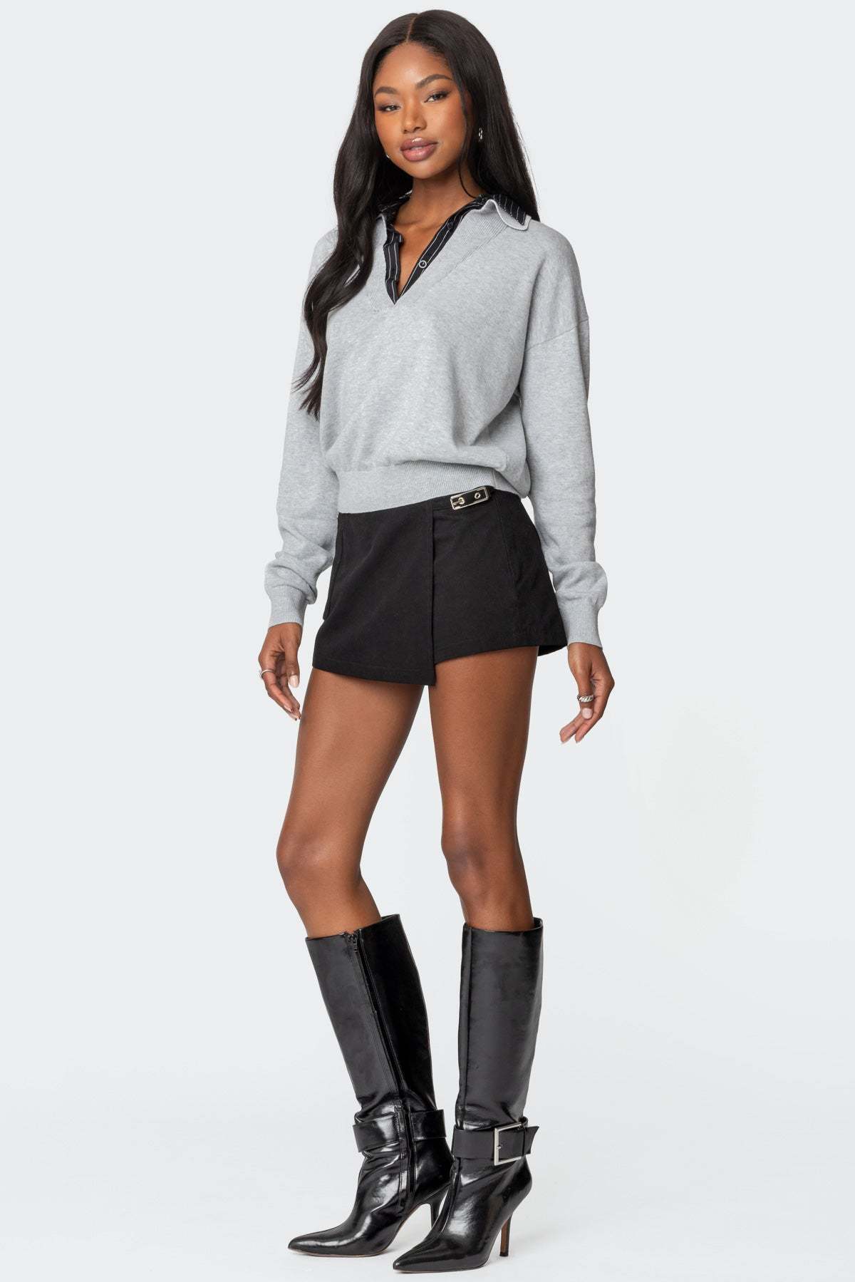 Rue Double Collared Sweater - GRAY