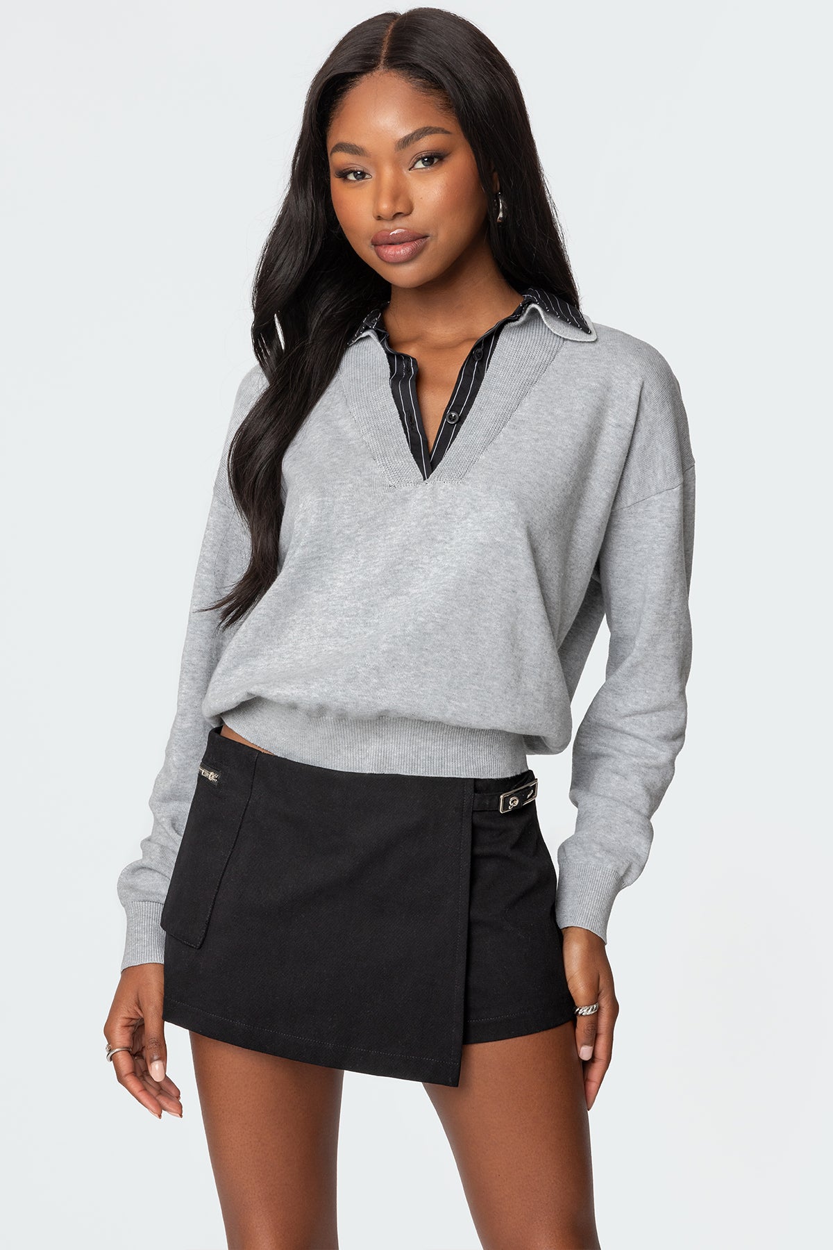 Rue Double Collared Sweater - GRAY