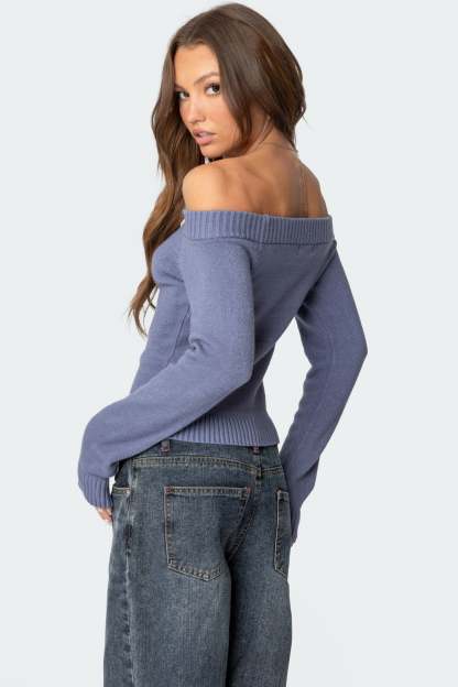 Elona Off Shoulder Knit Top - BLUE