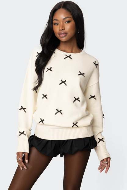 Satin Effect Bow Oversized Sweater - CREAM