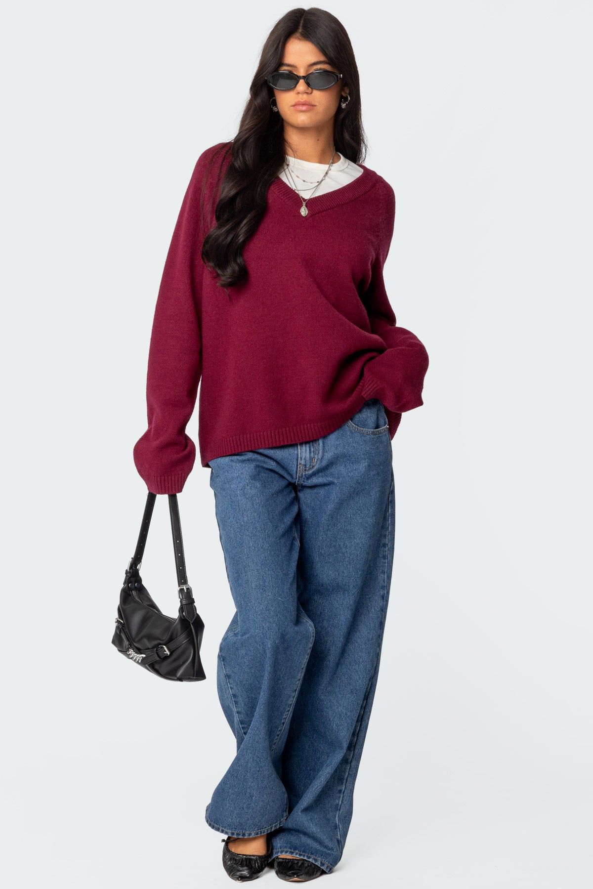 Martha Oversized V Neck Sweater - BURGUNDY