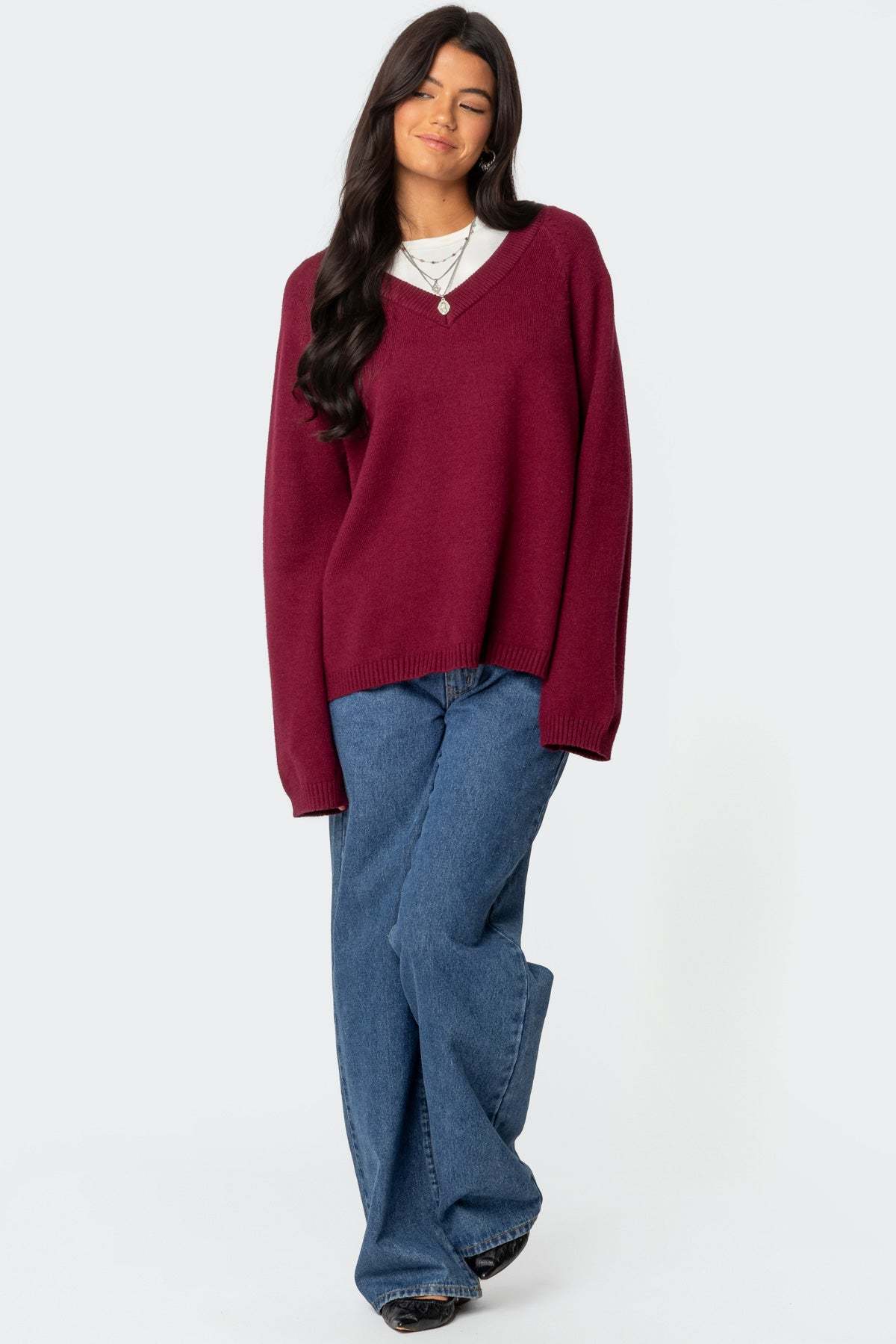 Martha Oversized V Neck Sweater - BURGUNDY