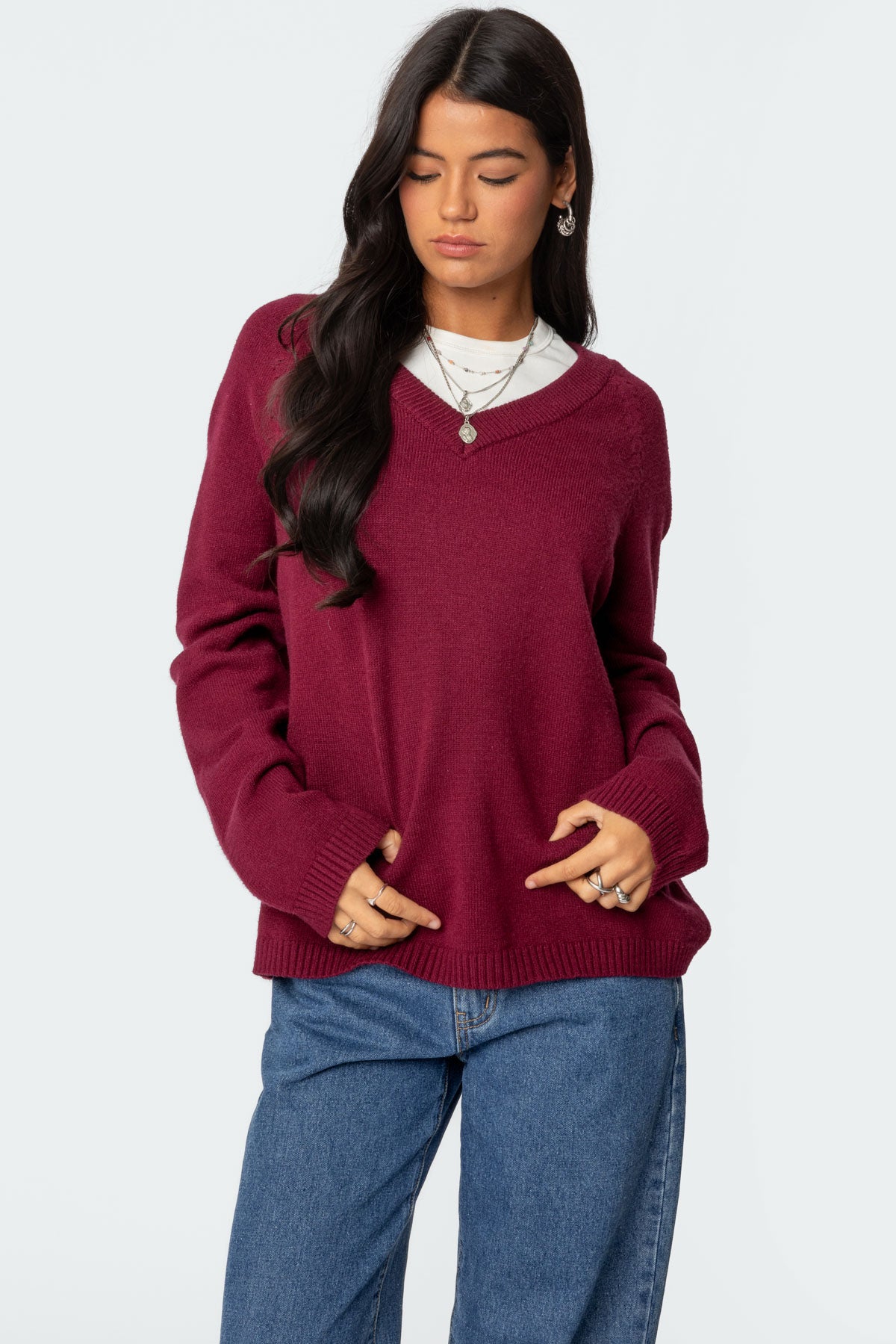 Martha Oversized V Neck Sweater - BURGUNDY