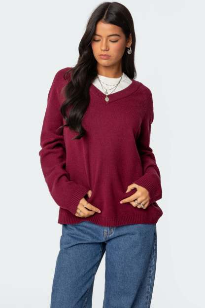 Martha Oversized V Neck Sweater - BURGUNDY