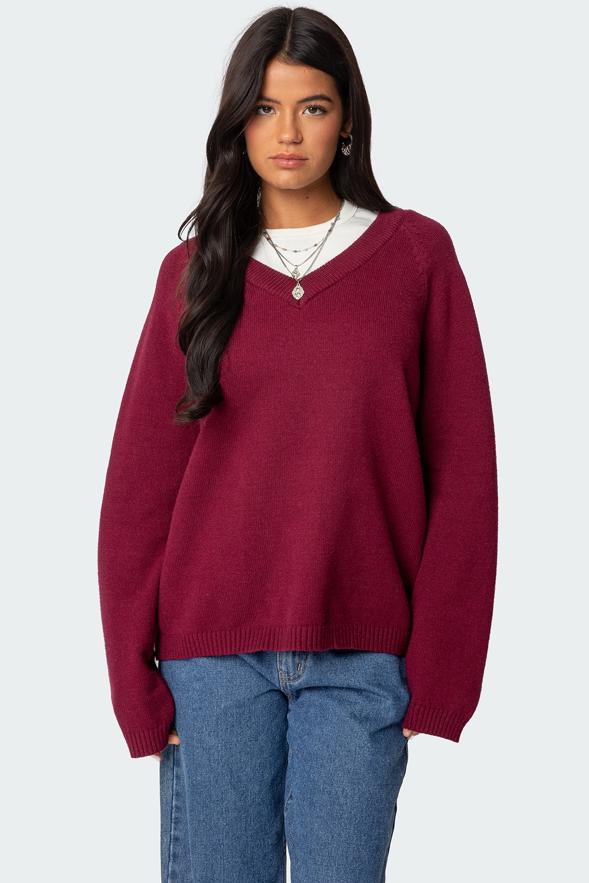 Martha Oversized V Neck Sweater - BURGUNDY