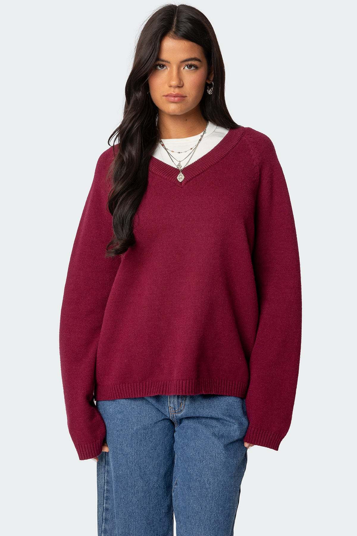 Martha Oversized V Neck Sweater - BURGUNDY