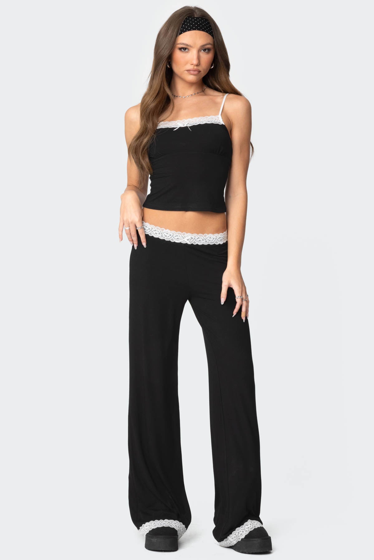 Domino Contrast Lace Trim Pants - BLACK