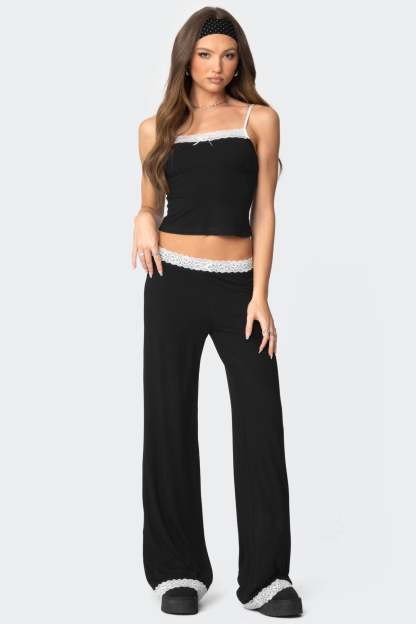 Domino Contrast Lace Trim Pants - BLACK