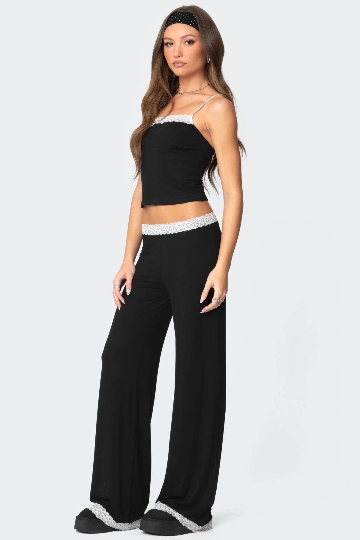 Domino Contrast Lace Trim Pants - BLACK