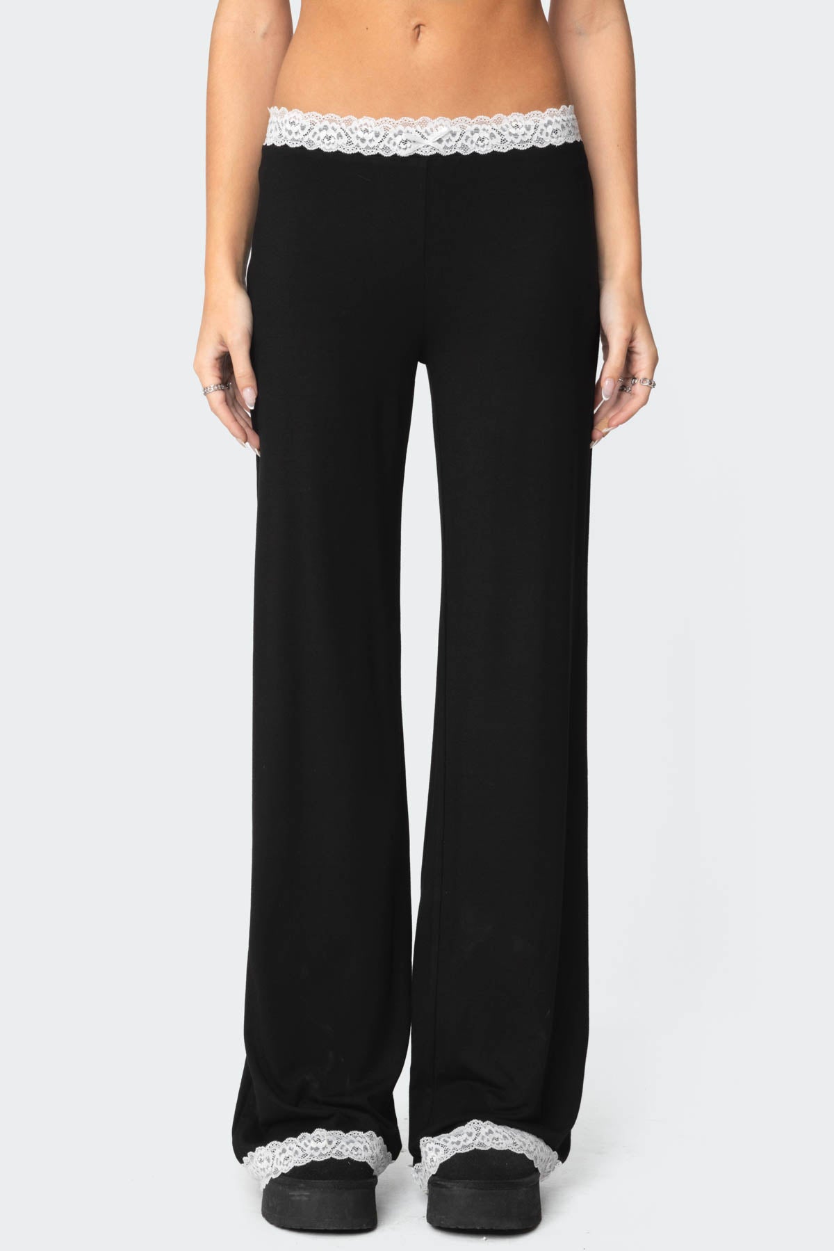 Domino Contrast Lace Trim Pants - BLACK
