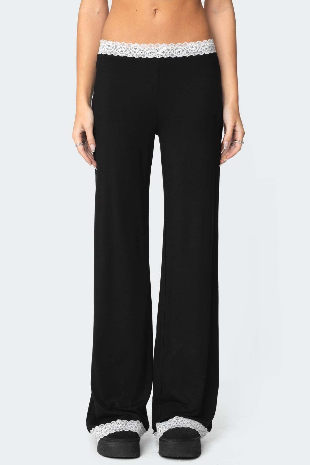 Domino Contrast Lace Trim Pants - BLACK