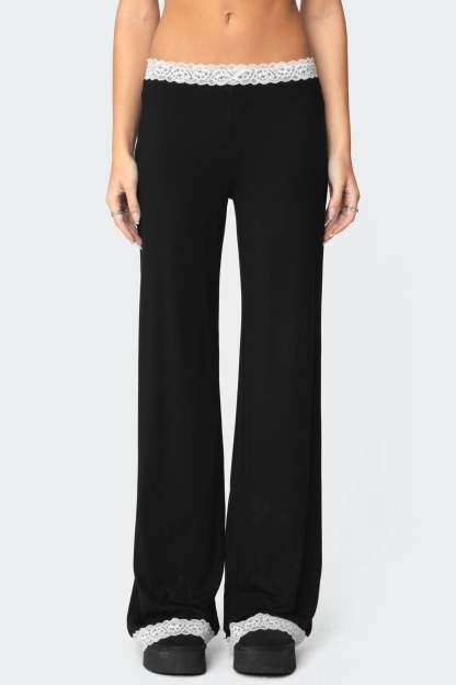 Domino Contrast Lace Trim Pants - BLACK