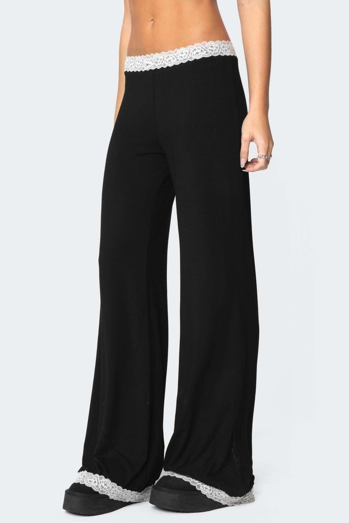 Domino Contrast Lace Trim Pants - BLACK