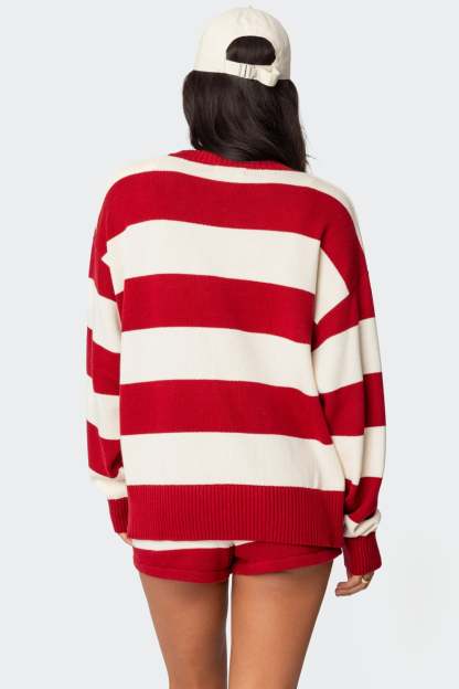 Riley Oversized Striped Sweater - BURGUNDY AND CREAM