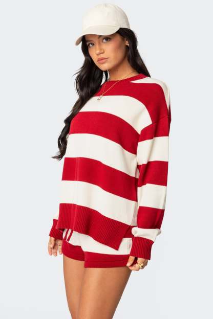 Riley Oversized Striped Sweater - BURGUNDY AND CREAM