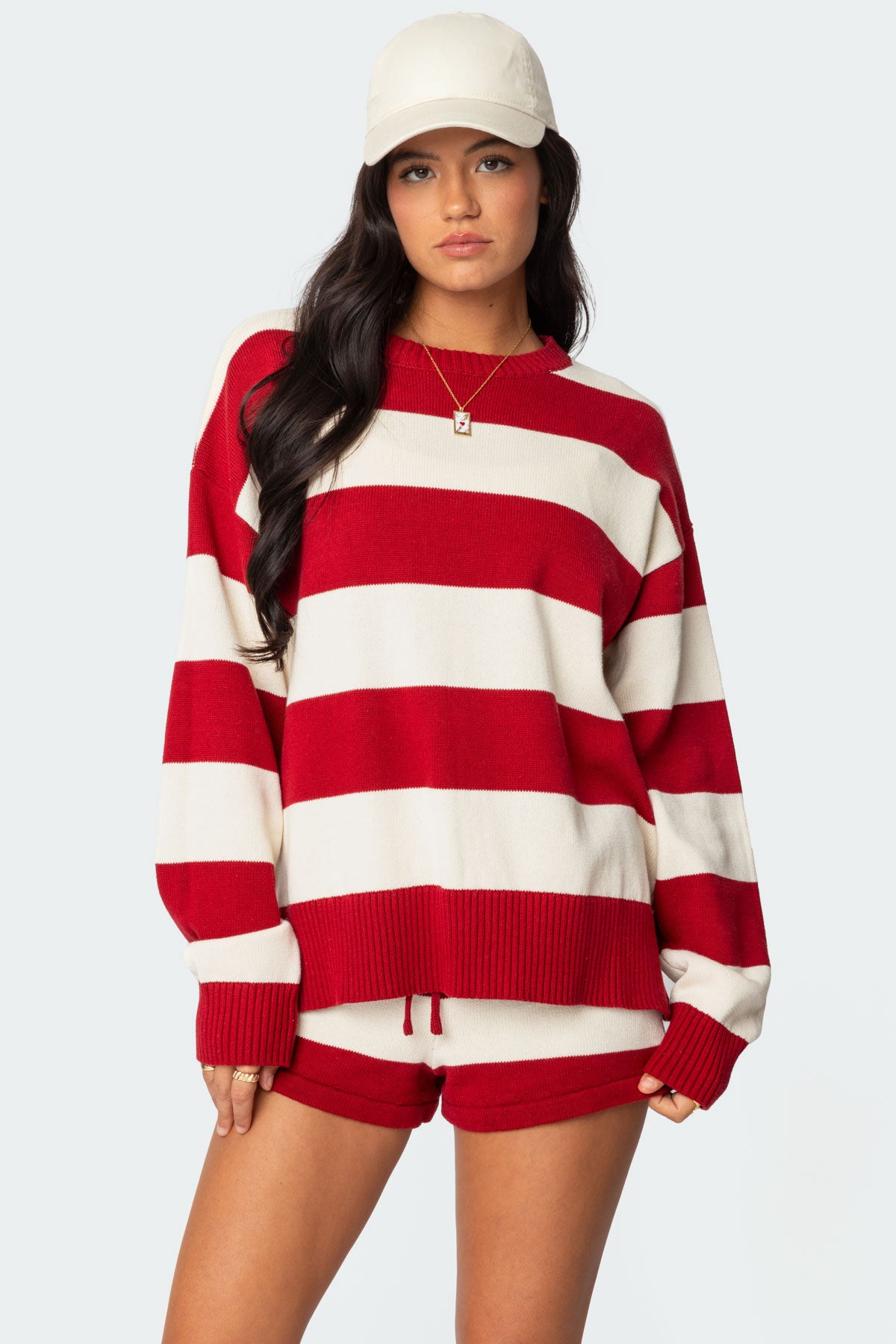Riley Oversized Striped Sweater - BURGUNDY AND CREAM