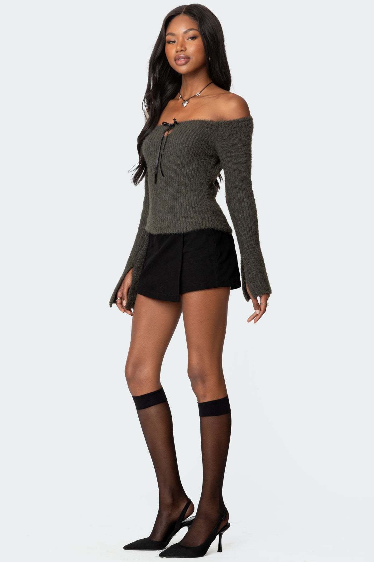 Keyhole Off Shoulder Ribbed Knit Top - GRAY