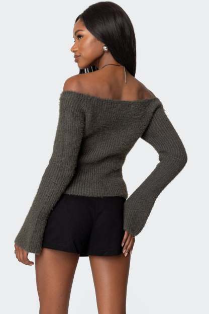 Keyhole Off Shoulder Ribbed Knit Top - GRAY